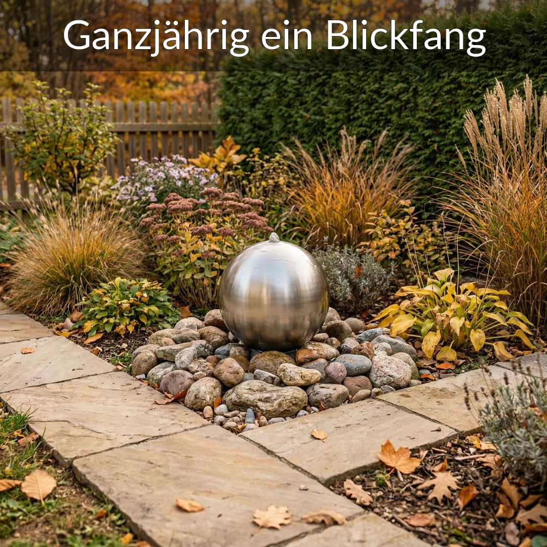 Kugelbrunnen aus matt gebürstetem Edelstahl D: 30 cm – Edelstahlkugel matt für Gartenbrunnen, Wasserspiel Garten, 30 mm Lochbohrung, 3/4 Zoll Schlauchanschluss, Edelstahlbrunnen für DIY Brunnenanlagen