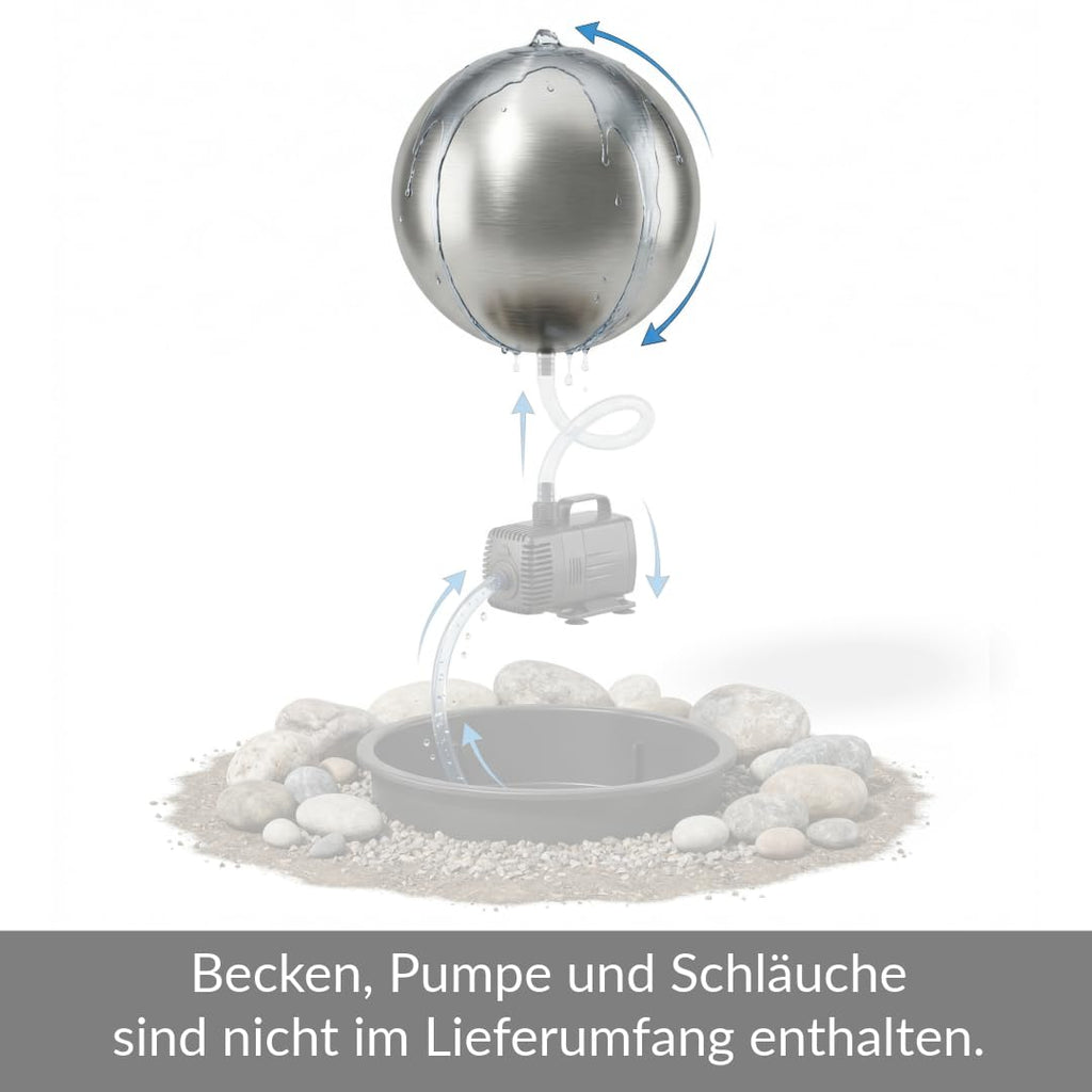 Kugelbrunnen aus matt gebürstetem Edelstahl D: 30 cm – Edelstahlkugel matt für Gartenbrunnen, Wasserspiel Garten, 30 mm Lochbohrung, 3/4 Zoll Schlauchanschluss, Edelstahlbrunnen für DIY Brunnenanlagen