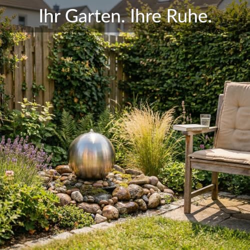 Kugelbrunnen aus matt gebürstetem Edelstahl D: 30 cm – Edelstahlkugel matt für Gartenbrunnen, Wasserspiel Garten, 30 mm Lochbohrung, 3/4 Zoll Schlauchanschluss, Edelstahlbrunnen für DIY Brunnenanlagen