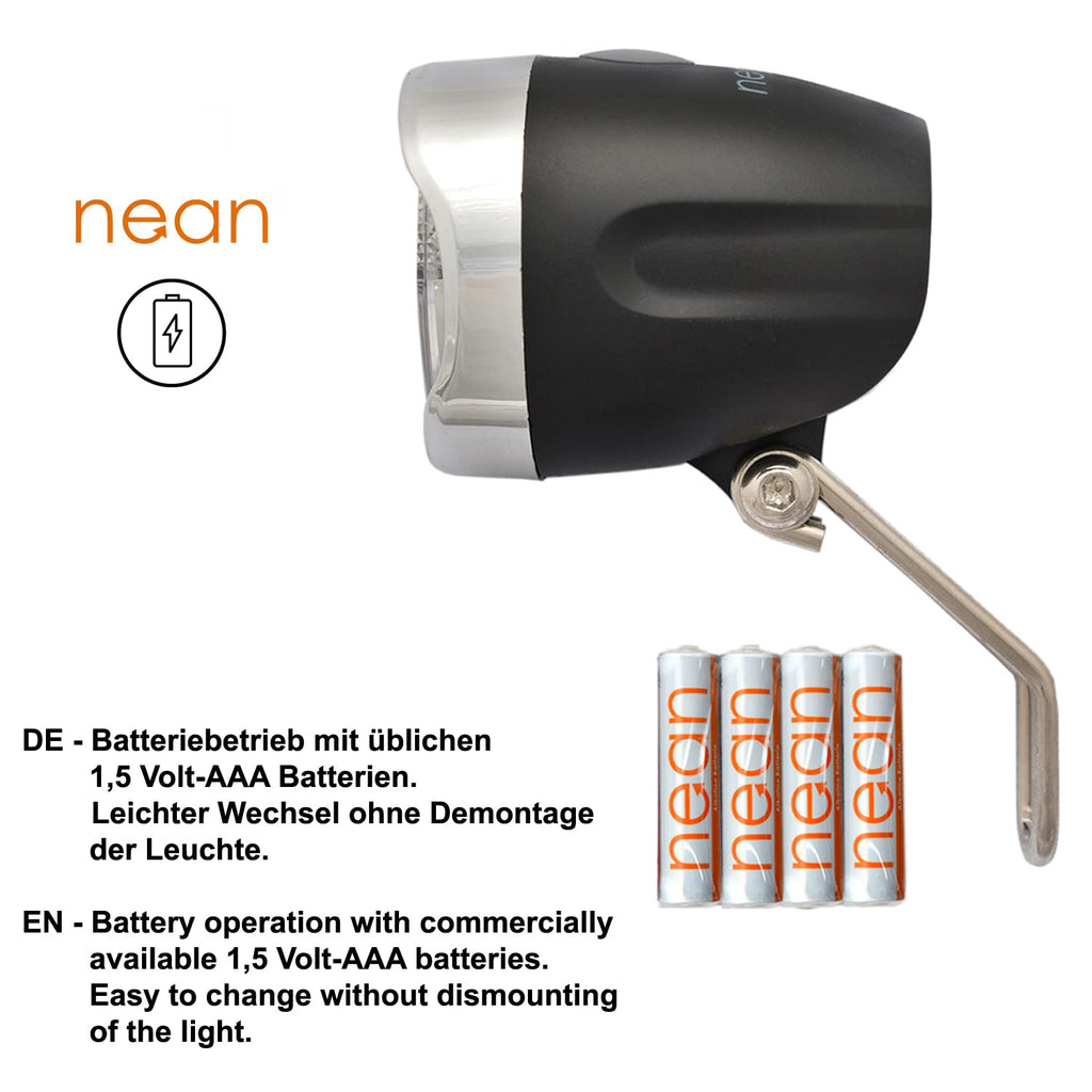 nean LED Fahrradlicht, Fahrradlampe, Fahrrad Frontlicht, Fahrradleuchte vorne, Scheinwerfer hell mit StVZO Zulassung, inkl. 4X Batterie, 30 LUX, schwarz