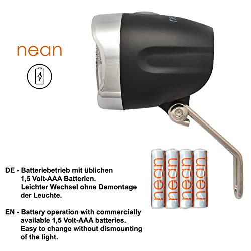 nean LED Fahrradlicht, Fahrradlampe, Fahrrad Frontlicht, Fahrradleuchte vorne, Scheinwerfer hell mit StVZO Zulassung, inkl. 4X Batterie, 30 LUX, schwarz