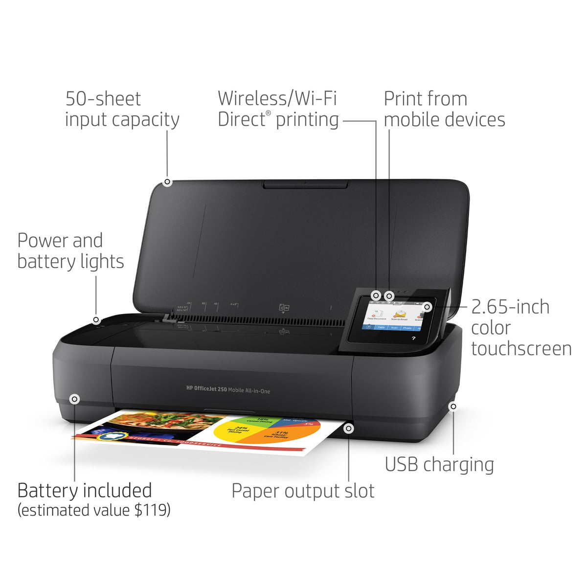 HP Officejet 250 Mobile Aio Tintenstrahldrucker A4 WiFi schwarz – Multifunktionsgerät Tintenstrahldrucker Thermo, 600 x 600 DPI, 600 x 600 DPI, A4, 216 x 356 mm, Farbe
