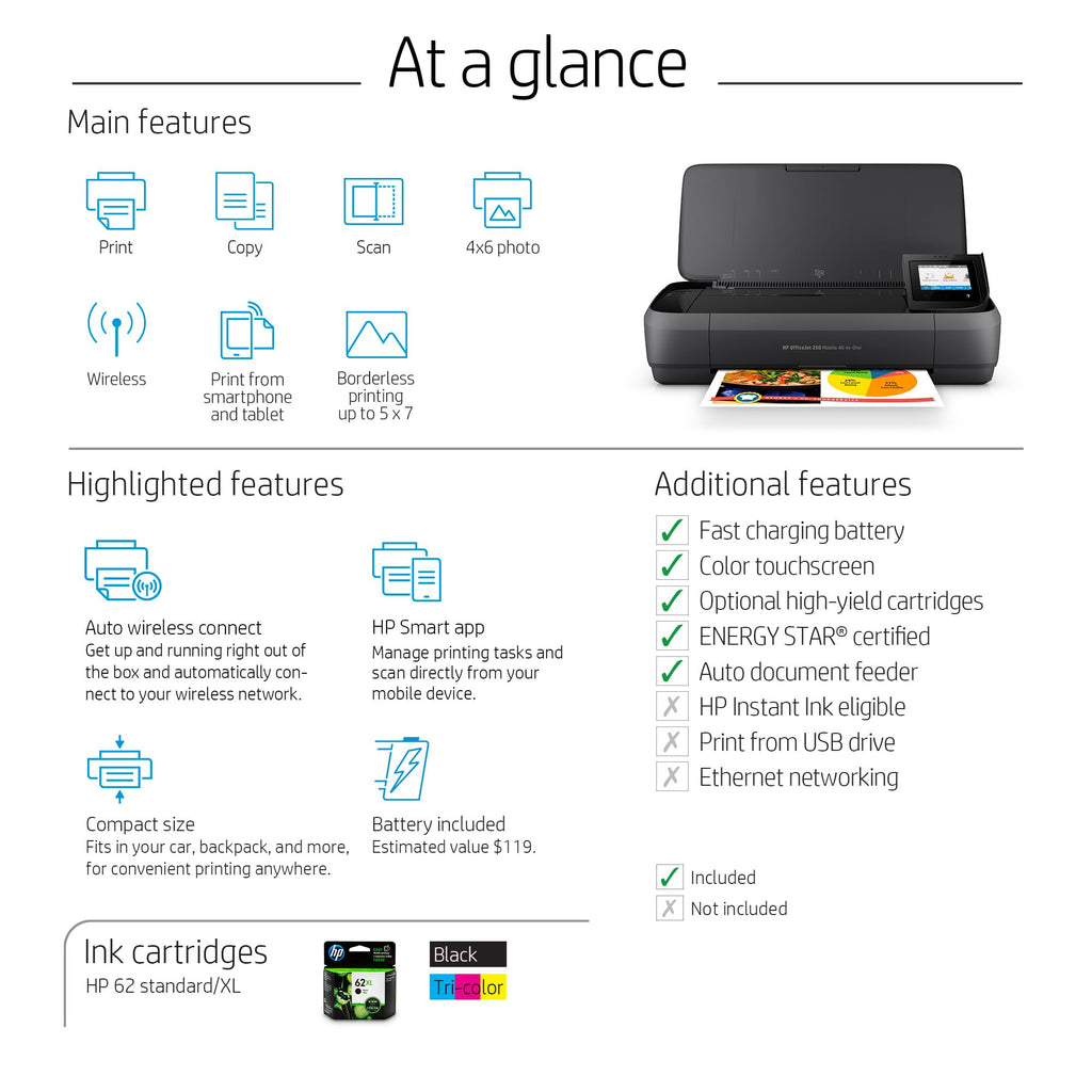 HP Officejet 250 Mobile Aio Tintenstrahldrucker A4 WiFi schwarz – Multifunktionsgerät Tintenstrahldrucker Thermo, 600 x 600 DPI, 600 x 600 DPI, A4, 216 x 356 mm, Farbe