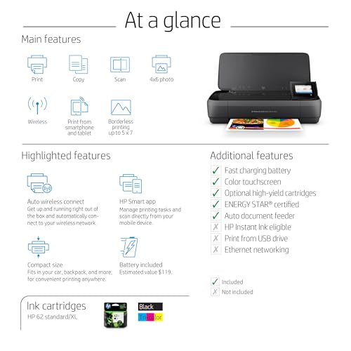 HP Officejet 250 Mobile Aio Tintenstrahldrucker A4 WiFi schwarz – Multifunktionsgerät Tintenstrahldrucker Thermo, 600 x 600 DPI, 600 x 600 DPI, A4, 216 x 356 mm, Farbe