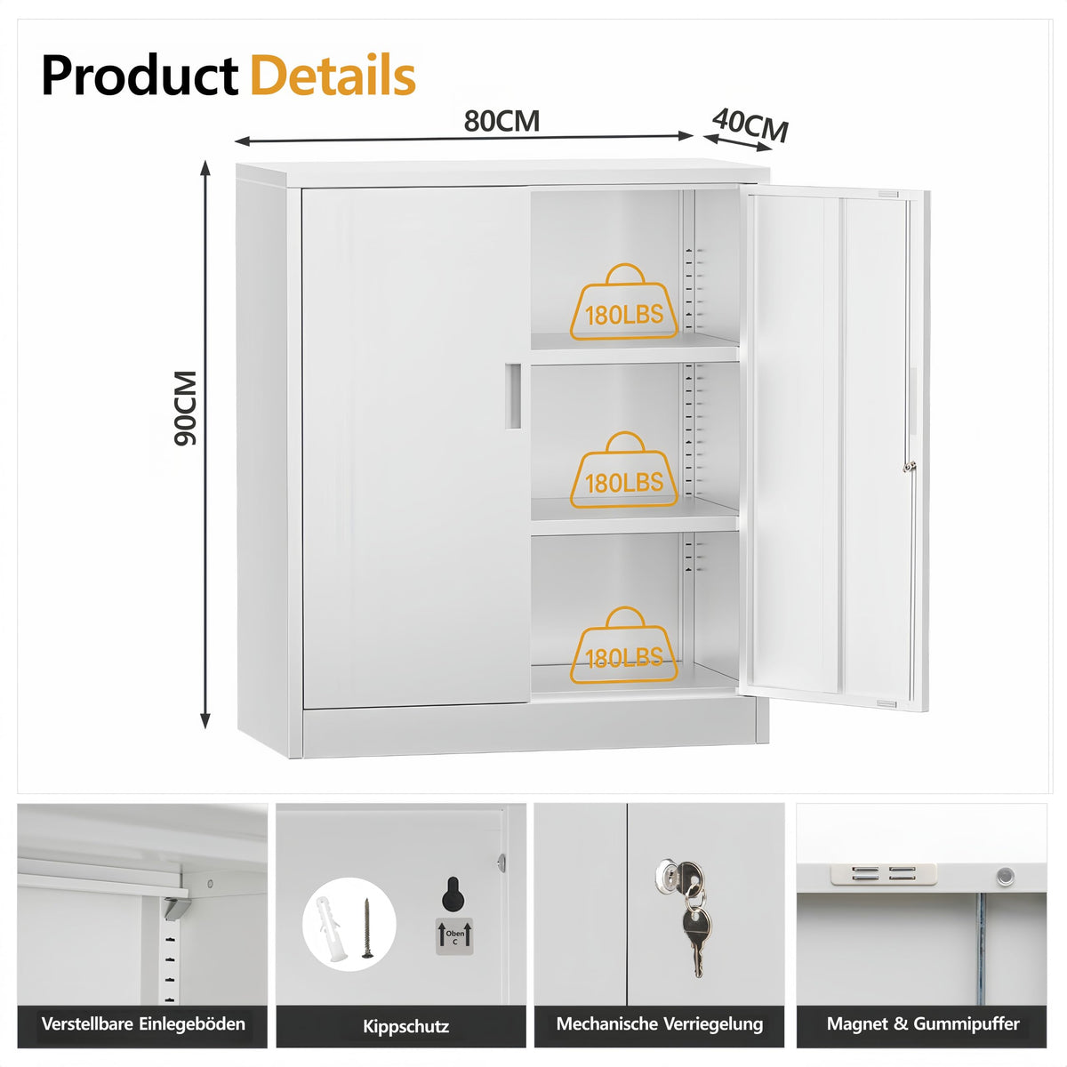 Aktenschrank, Mehrzweckschrank, Schrank abschließbar, Weiß, 90 * 80 * 40cm