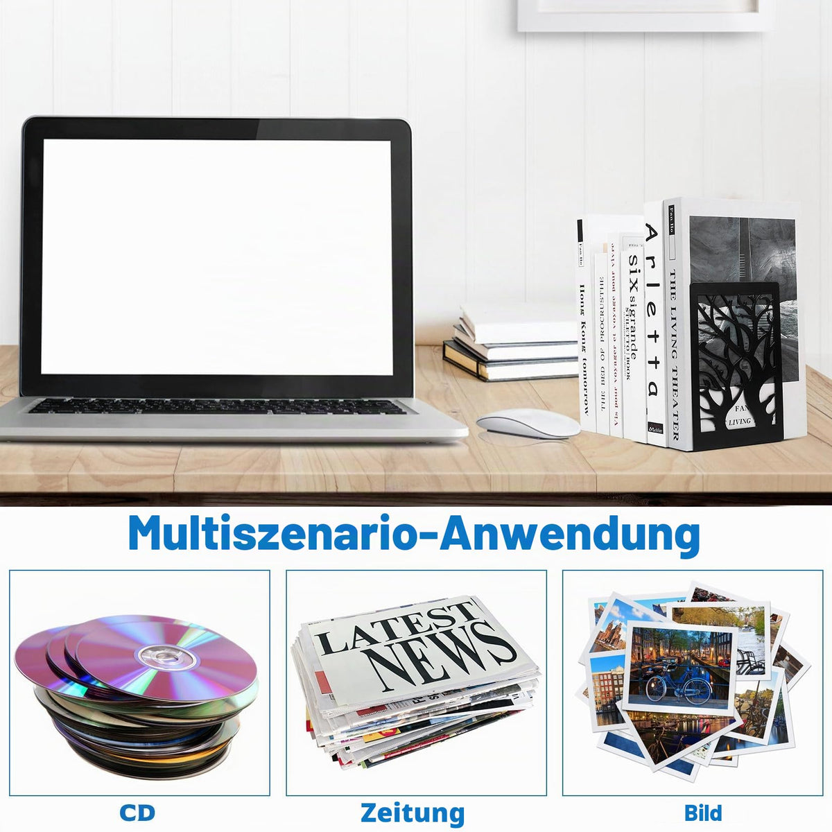 2 Parr/4 Stück Buchstützen Metall Schwarz, Bücherhalter für Regal Bücherstützen, Buchhalter Regal, CD Book Holder Shelf Bücherstopper für Büro Zuhause Schule Bookends(12 x 16 x 9.5 cm)