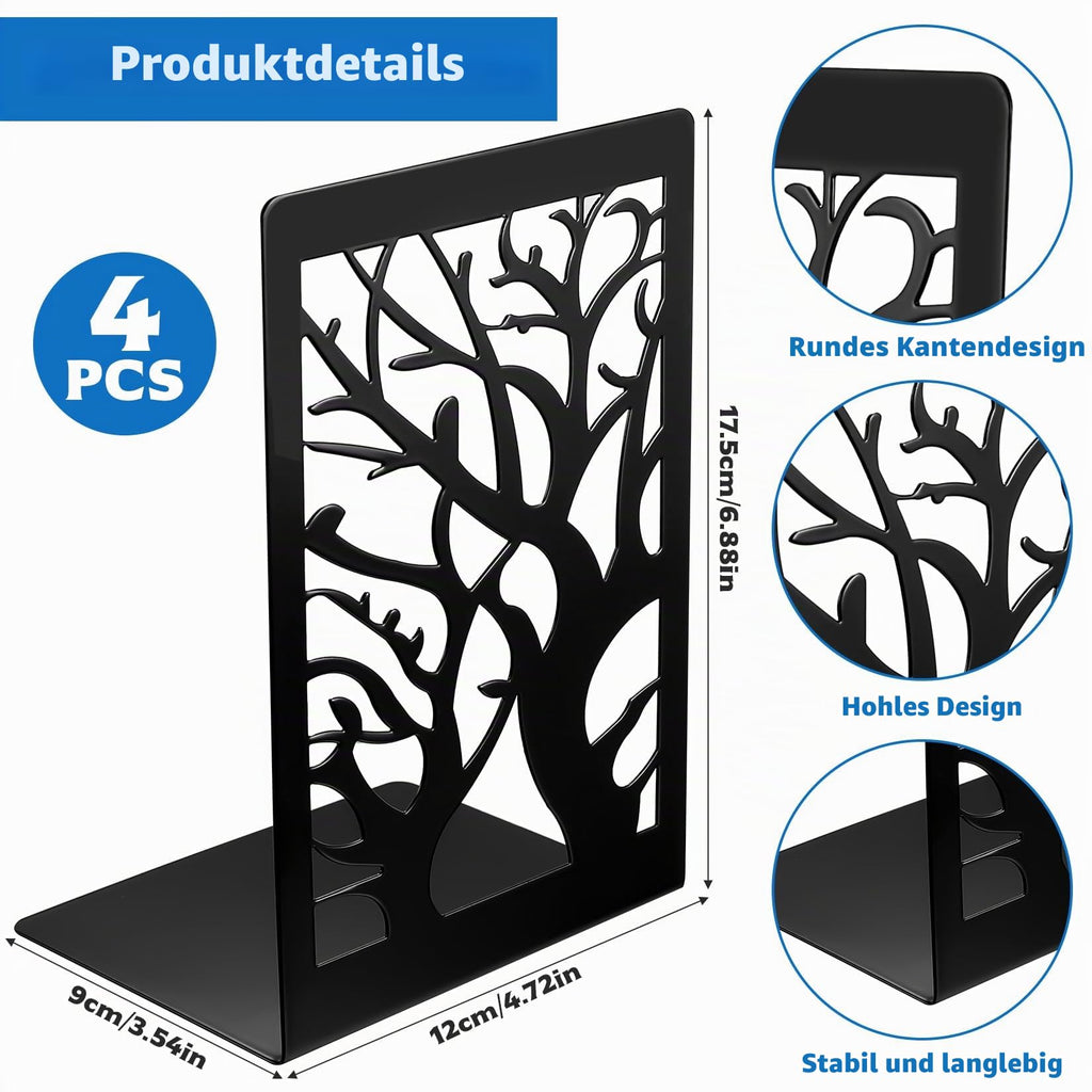 2 Parr/4 Stück Buchstützen Metall Schwarz, Bücherhalter für Regal Bücherstützen, Buchhalter Regal, CD Book Holder Shelf Bücherstopper für Büro Zuhause Schule Bookends(12 x 16 x 9.5 cm)
