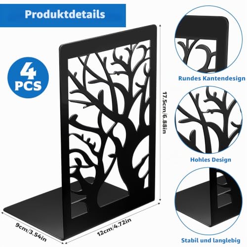 2 Parr/4 Stück Buchstützen Metall Schwarz, Bücherhalter für Regal Bücherstützen, Buchhalter Regal, CD Book Holder Shelf Bücherstopper für Büro Zuhause Schule Bookends(12 x 16 x 9.5 cm)