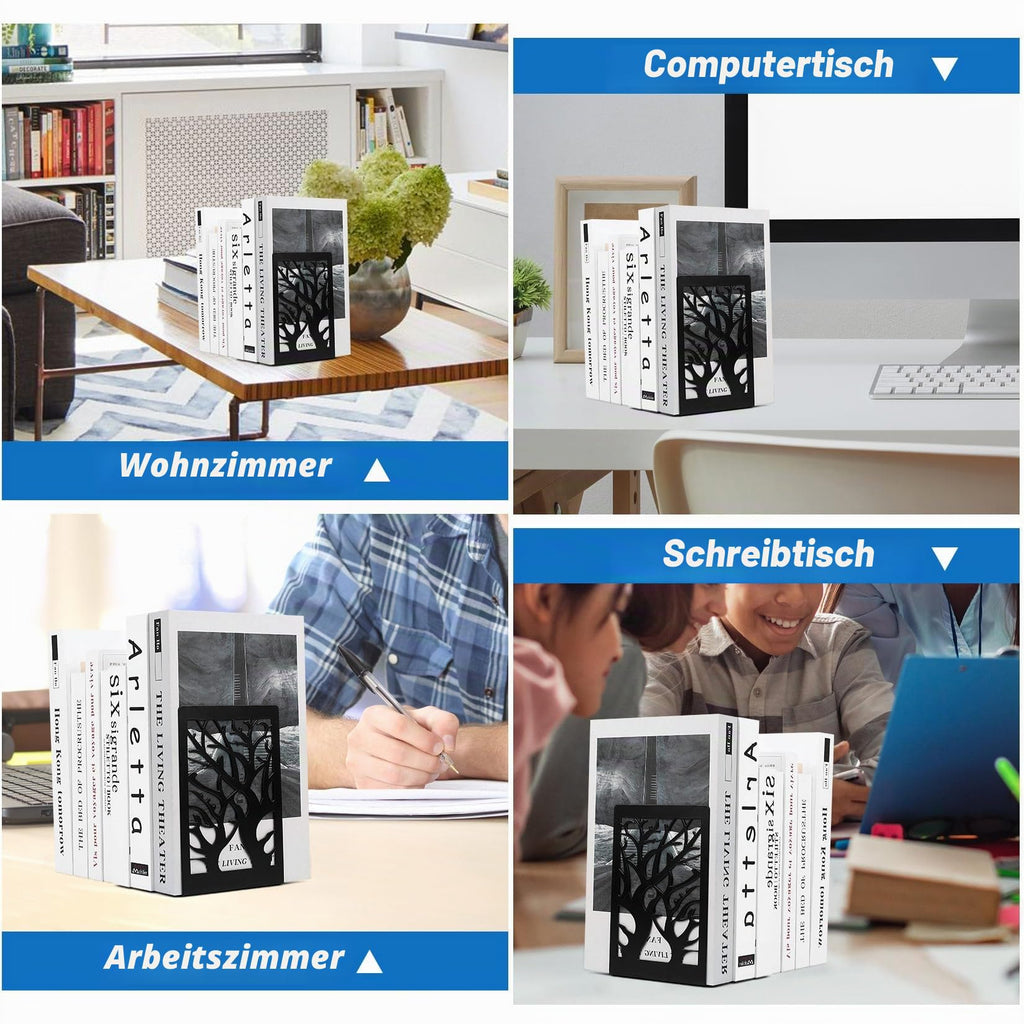 2 Parr/4 Stück Buchstützen Metall Schwarz, Bücherhalter für Regal Bücherstützen, Buchhalter Regal, CD Book Holder Shelf Bücherstopper für Büro Zuhause Schule Bookends(12 x 16 x 9.5 cm)