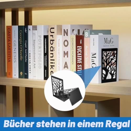 2 Parr/4 Stück Buchstützen Metall Schwarz, Bücherhalter für Regal Bücherstützen, Buchhalter Regal, CD Book Holder Shelf Bücherstopper für Büro Zuhause Schule Bookends(12 x 16 x 9.5 cm)