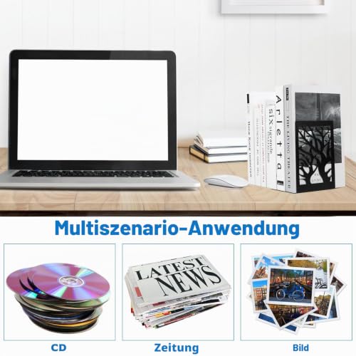 2 Parr/4 Stück Buchstützen Metall Schwarz, Bücherhalter für Regal Bücherstützen, Buchhalter Regal, CD Book Holder Shelf Bücherstopper für Büro Zuhause Schule Bookends(12 x 16 x 9.5 cm)