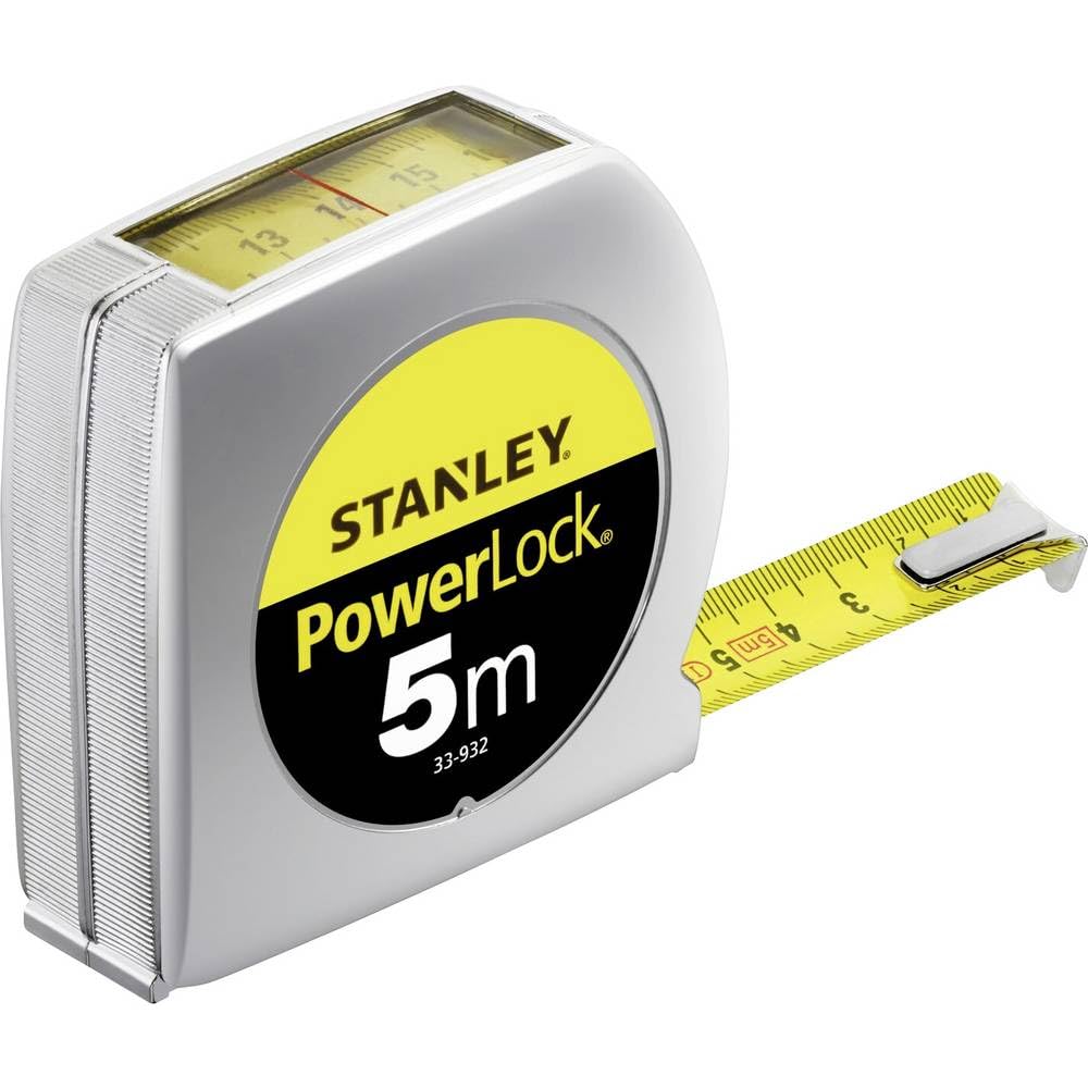STANLEY Maßband Powerlock Bandmaß 0-33-932 (Maßband 5m Länge mit Sichtfenster, extra starkes Band, Mylar-Schutzschicht, verchromt, Gürtelclip)