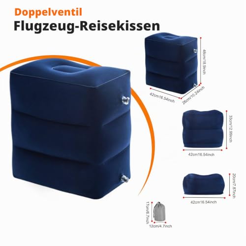 Aufblasbares Fußstützen kissen für Reisen, Reise Fußstütze Kissen höhenverstellbar Flugzeug-Reisekissen, für Kinder zum Schlafen auf Reisen, geeignet für Büro, Zuhause und jede Reise, Blau