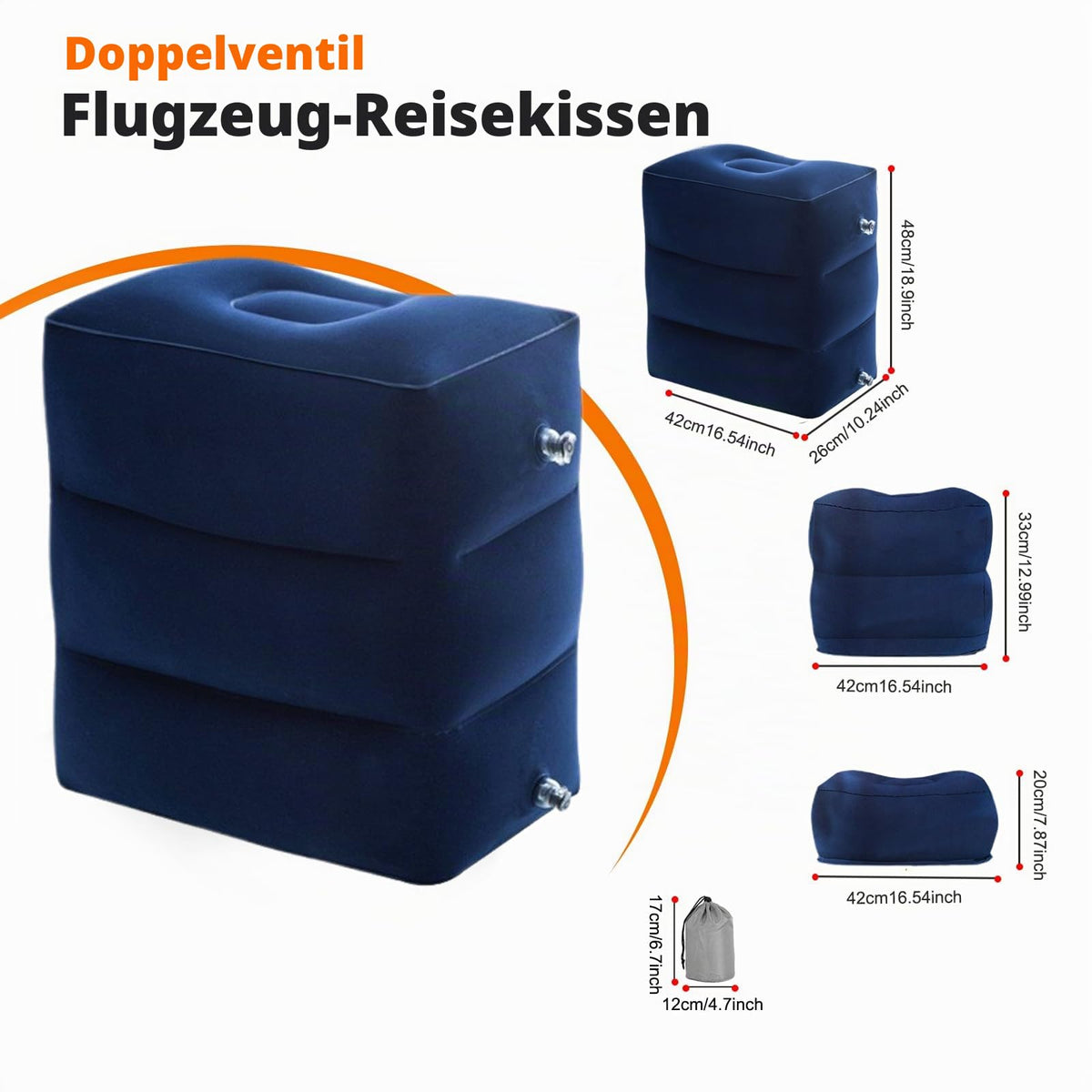 Aufblasbares Fußstützen kissen für Reisen, Reise Fußstütze Kissen höhenverstellbar Flugzeug-Reisekissen, für Kinder zum Schlafen auf Reisen, geeignet für Büro, Zuhause und jede Reise, Blau