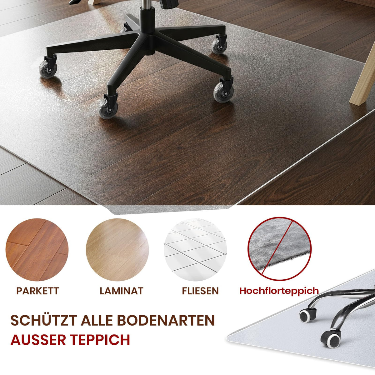 COSYLAND Bodenschutzmatte Bürostuhl Transparent 90x120 cm – rutschfeste Unterlage für Hartboden, Schreibtischstuhl Unterlage klar, Nicht für Teppich geeignet