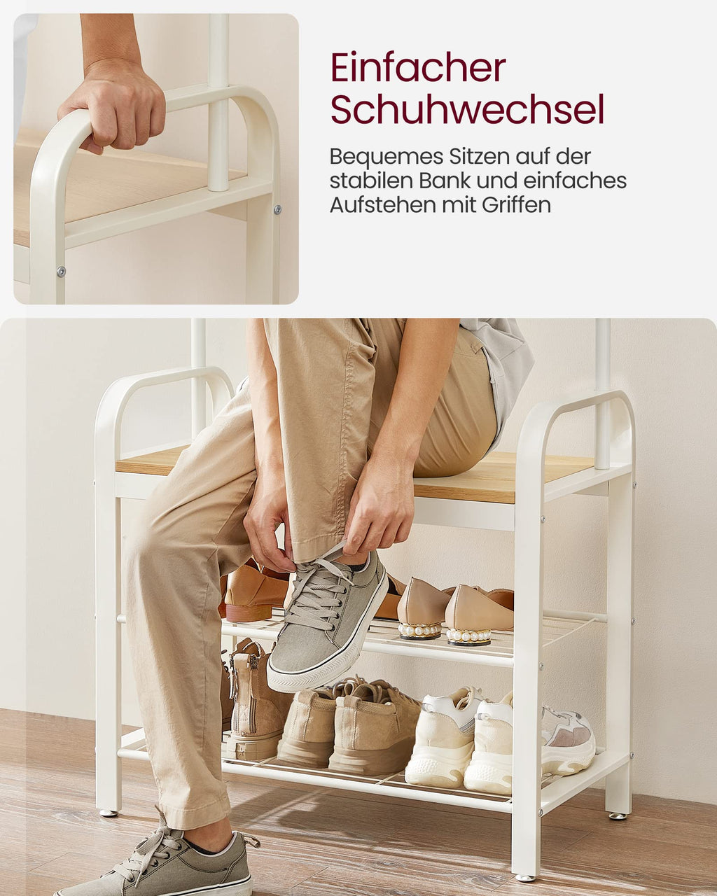 VASAGLE Garderobenständer Garderobe mit Schuhbank, 4-in-1 Design