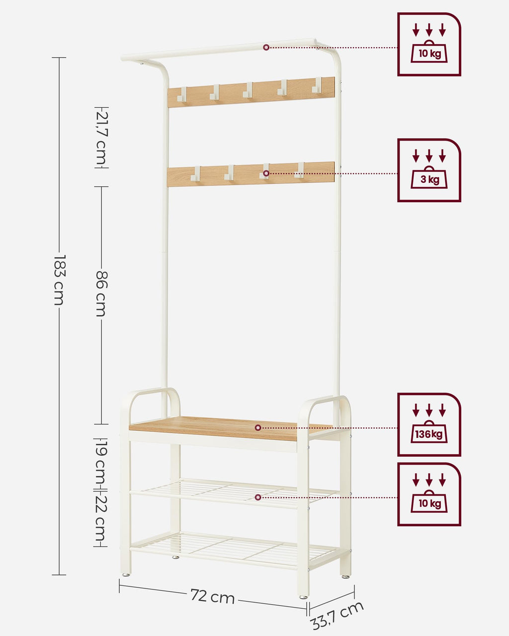 VASAGLE Garderobenständer Garderobe mit Schuhbank, 4-in-1 Design
