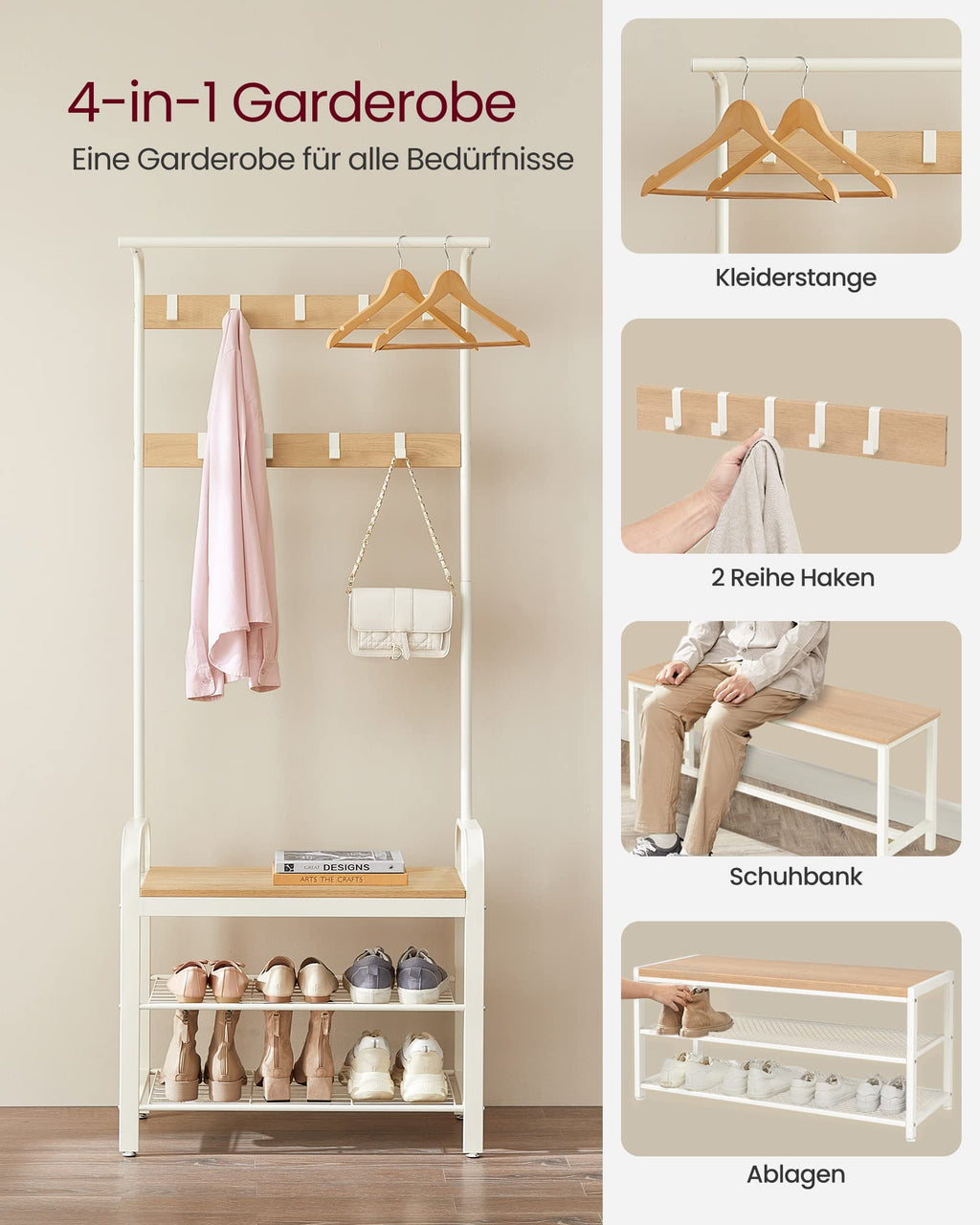 VASAGLE Garderobenständer Garderobe mit Schuhbank, 4-in-1 Design