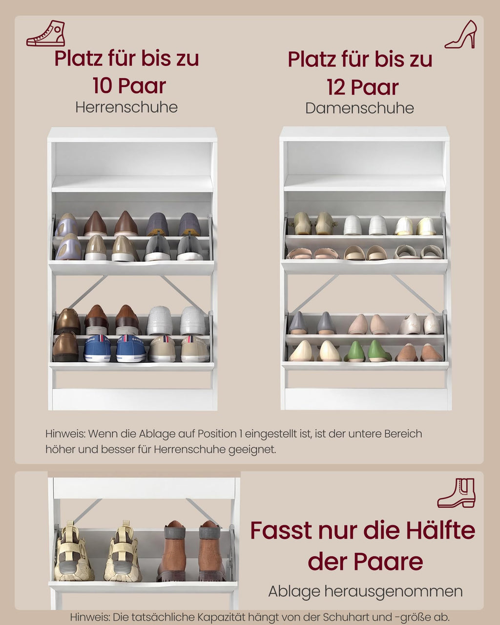 VASAGLE Schuhschrank, 2 Klappen, für 10-12 Paar Schuhe, 24 x 60 x 102 cm