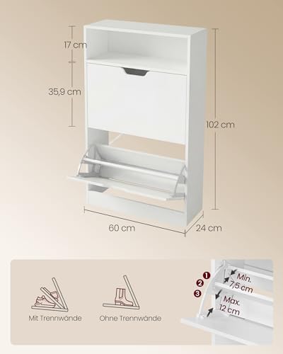 VASAGLE Schuhschrank, 2 Klappen, für 10-12 Paar Schuhe, 24 x 60 x 102 cm