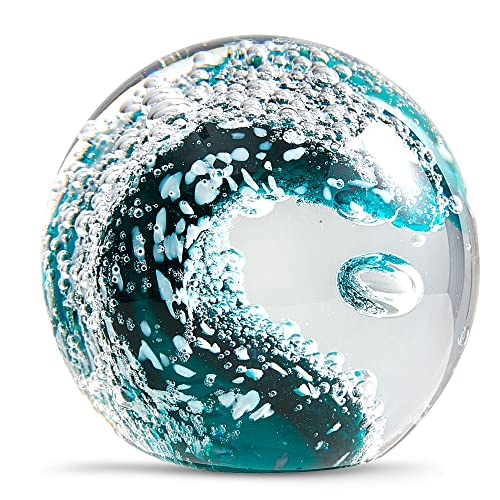 EUSTUMA Handgeblasene Glasfiguren Kugel Ozeanwellen, Glaskugel als Briefbeschwerer, Heimdekoration Sammlerstück, Aquariumdekoration, Bürodekoration für Ozeanliebhaber