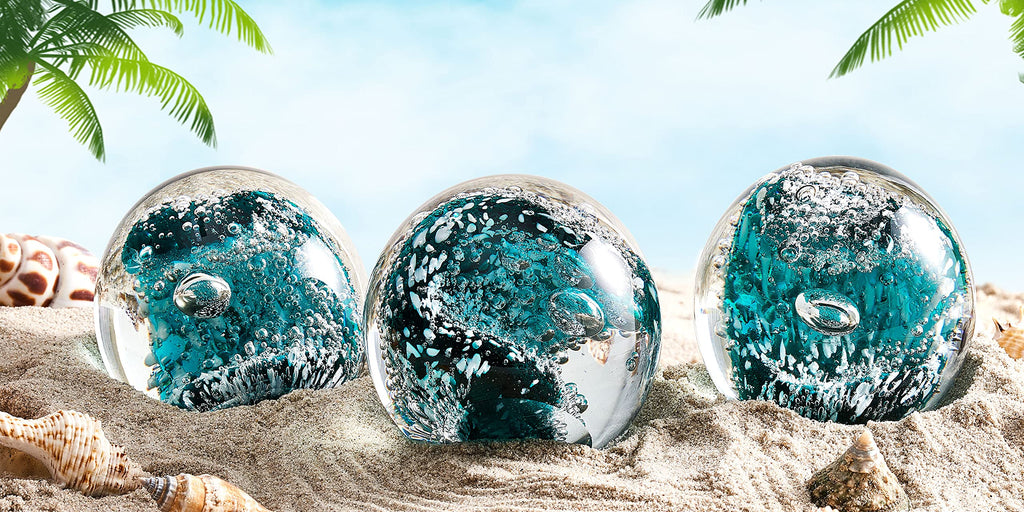 EUSTUMA Handgeblasene Glasfiguren Kugel Ozeanwellen, Glaskugel als Briefbeschwerer, Heimdekoration Sammlerstück, Aquariumdekoration, Bürodekoration für Ozeanliebhaber