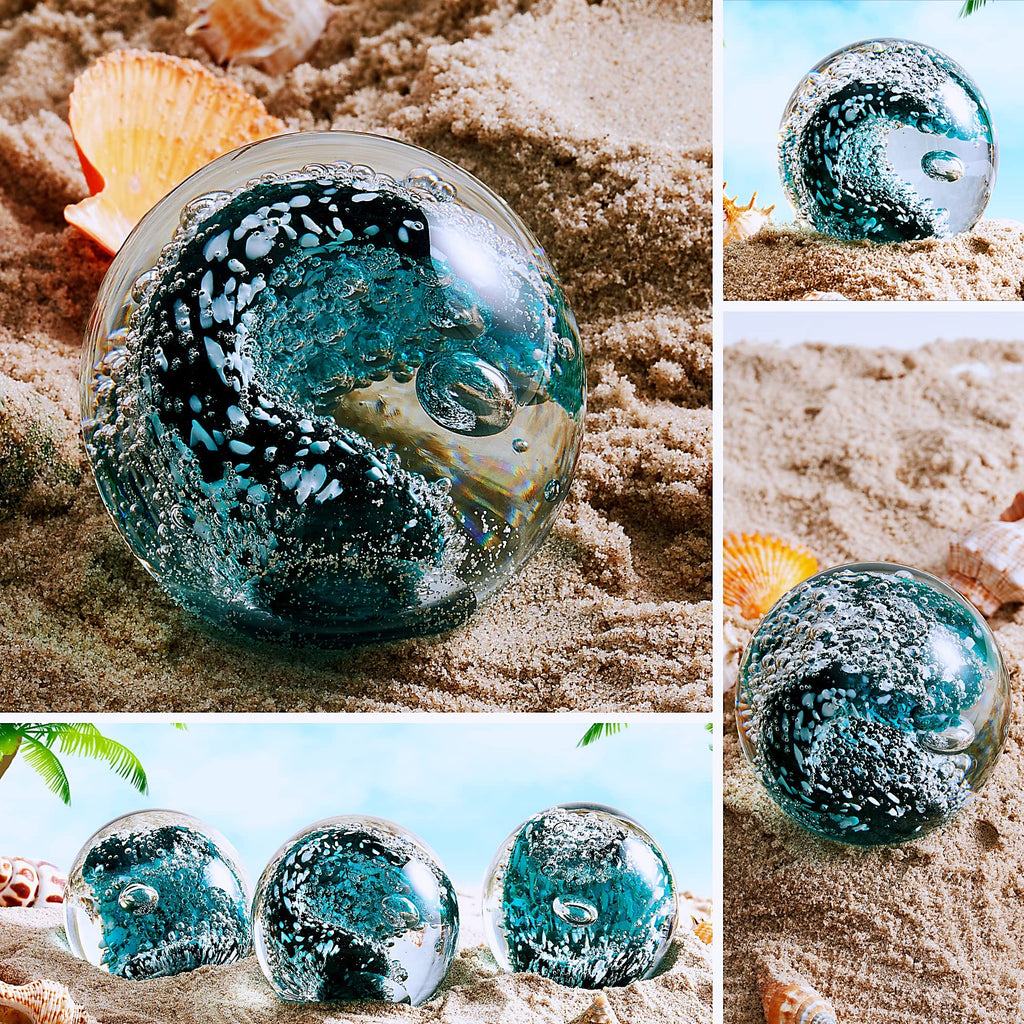 EUSTUMA Handgeblasene Glasfiguren Kugel Ozeanwellen, Glaskugel als Briefbeschwerer, Heimdekoration Sammlerstück, Aquariumdekoration, Bürodekoration für Ozeanliebhaber