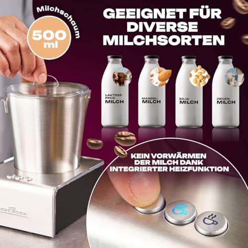 ProfiCook® Milchaufschäumer mit Heiß- und Kaltfunktion | Milchaufschäumer elektrisch mit 6 Funktionen | Milchschäumer für div. Milchsorten geeignet | ca. 500ml Schaum | Edelstahlgehäuse | PC-MS 1032