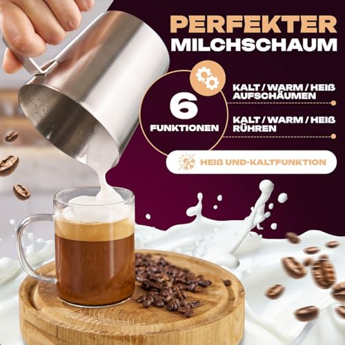 ProfiCook® Milchaufschäumer mit Heiß- und Kaltfunktion | Milchaufschäumer elektrisch mit 6 Funktionen | Milchschäumer für div. Milchsorten geeignet | ca. 500ml Schaum | Edelstahlgehäuse | PC-MS 1032