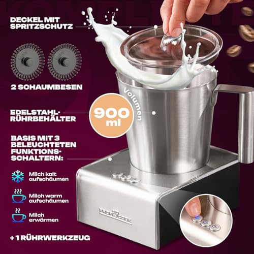 ProfiCook® Milchaufschäumer mit Heiß- und Kaltfunktion | Milchaufschäumer elektrisch mit 6 Funktionen | Milchschäumer für div. Milchsorten geeignet | ca. 500ml Schaum | Edelstahlgehäuse | PC-MS 1032