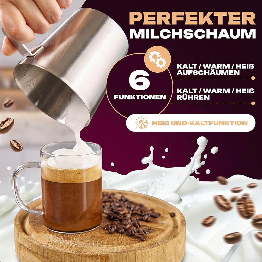 ProfiCook® Milchaufschäumer mit Heiß- und Kaltfunktion | Milchaufschäumer elektrisch mit 6 Funktionen | Milchschäumer für div. Milchsorten geeignet | ca. 500ml Schaum | Edelstahlgehäuse | PC-MS 1032