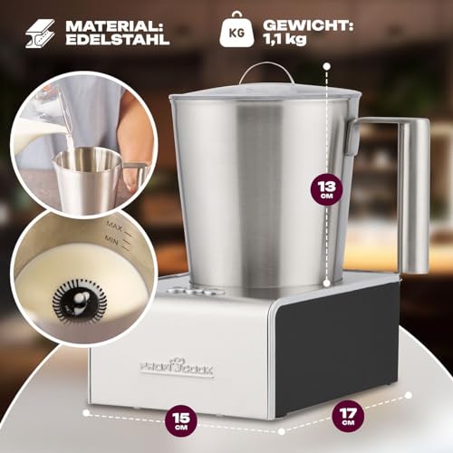 ProfiCook® Milchaufschäumer mit Heiß- und Kaltfunktion | Milchaufschäumer elektrisch mit 6 Funktionen | Milchschäumer für div. Milchsorten geeignet | ca. 500ml Schaum | Edelstahlgehäuse | PC-MS 1032