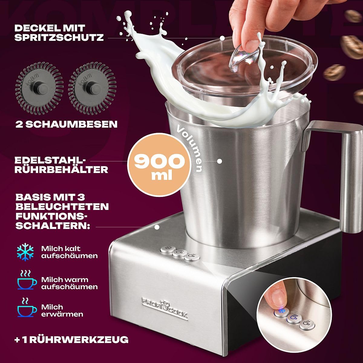 ProfiCook® Milchaufschäumer mit Heiß- und Kaltfunktion | Milchaufschäumer elektrisch mit 6 Funktionen | Milchschäumer für div. Milchsorten geeignet | ca. 500ml Schaum | Edelstahlgehäuse | PC-MS 1032