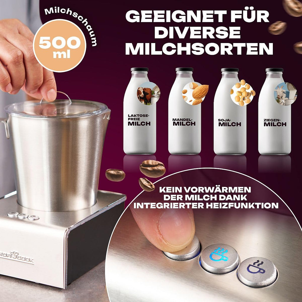 ProfiCook® Milchaufschäumer mit Heiß- und Kaltfunktion | Milchaufschäumer elektrisch mit 6 Funktionen | Milchschäumer für div. Milchsorten geeignet | ca. 500ml Schaum | Edelstahlgehäuse | PC-MS 1032