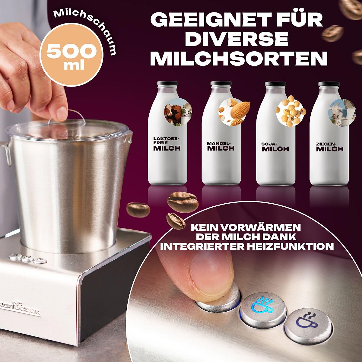 ProfiCook® Milchaufschäumer mit Heiß- und Kaltfunktion | Milchaufschäumer elektrisch mit 6 Funktionen | Milchschäumer für div. Milchsorten geeignet | ca. 500ml Schaum | Edelstahlgehäuse | PC-MS 1032
