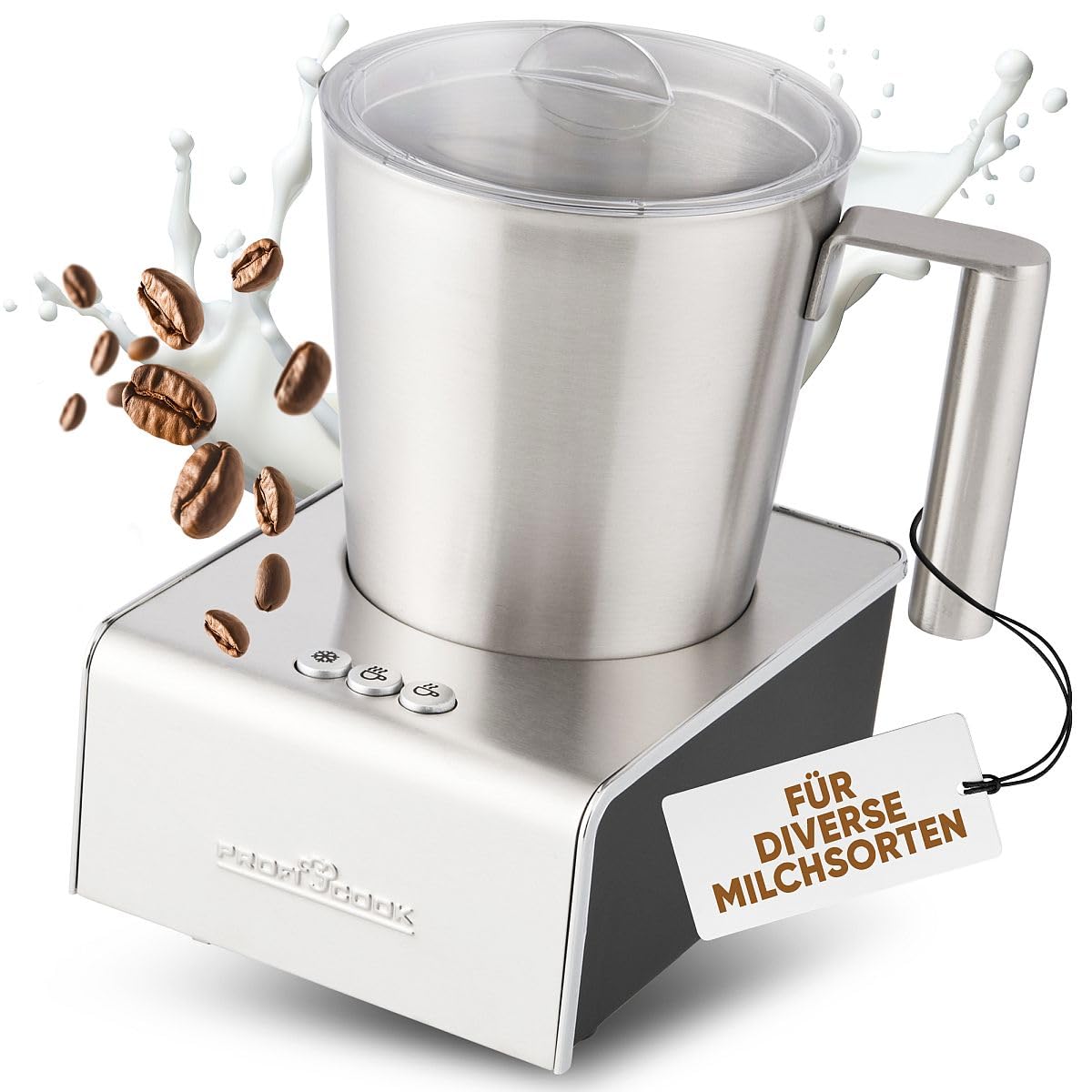 ProfiCook® Milchaufschäumer mit Heiß- und Kaltfunktion | Milchaufschäumer elektrisch mit 6 Funktionen | Milchschäumer für div. Milchsorten geeignet | ca. 500ml Schaum | Edelstahlgehäuse | PC-MS 1032