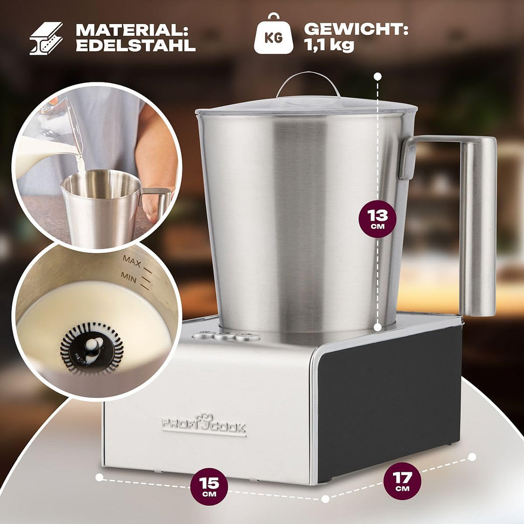 ProfiCook® Milchaufschäumer mit Heiß- und Kaltfunktion | Milchaufschäumer elektrisch mit 6 Funktionen | Milchschäumer für div. Milchsorten geeignet | ca. 500ml Schaum | Edelstahlgehäuse | PC-MS 1032
