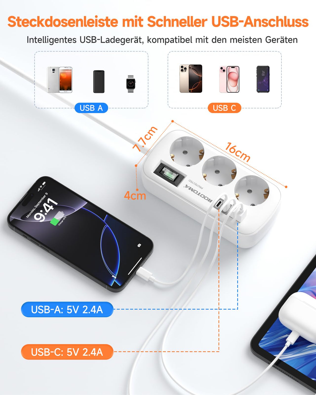 3 Fach Steckdose mit Überspannungsschutz Mehrfachsteckdose 4 USB(2 USB-C)