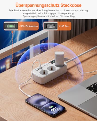 3 Fach Steckdose mit Überspannungsschutz Mehrfachsteckdose 4 USB(2 USB-C)
