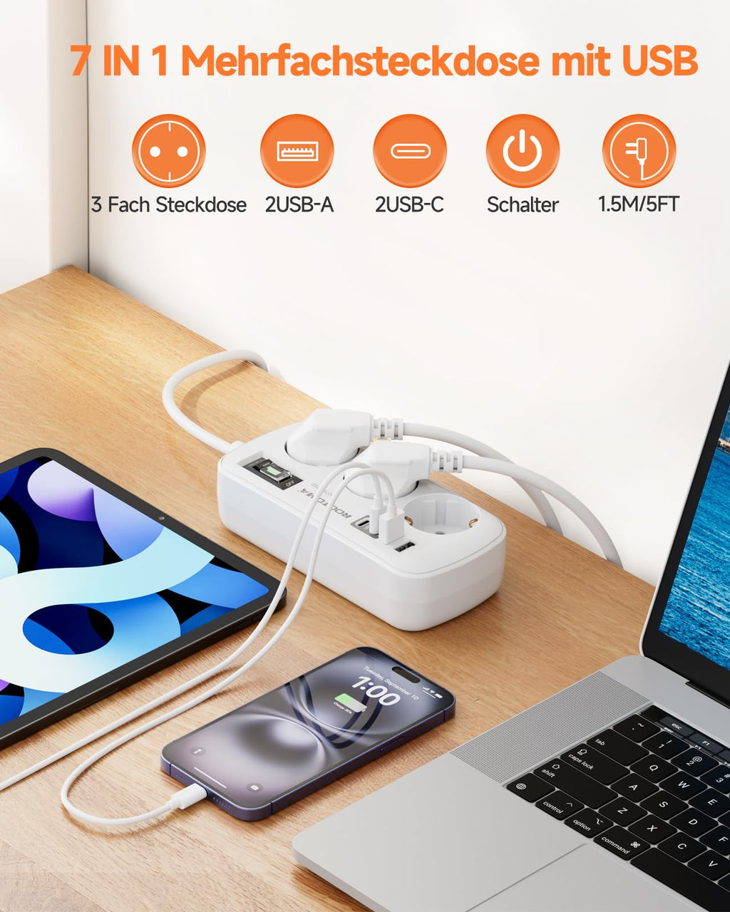 3 Fach Steckdose mit Überspannungsschutz Mehrfachsteckdose 4 USB(2 USB-C)