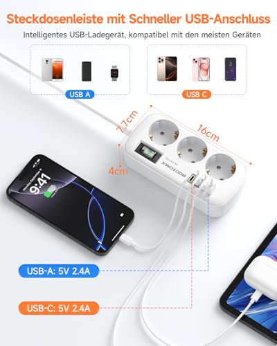 3 Fach Steckdose mit Überspannungsschutz Mehrfachsteckdose 4 USB(2 USB-C)