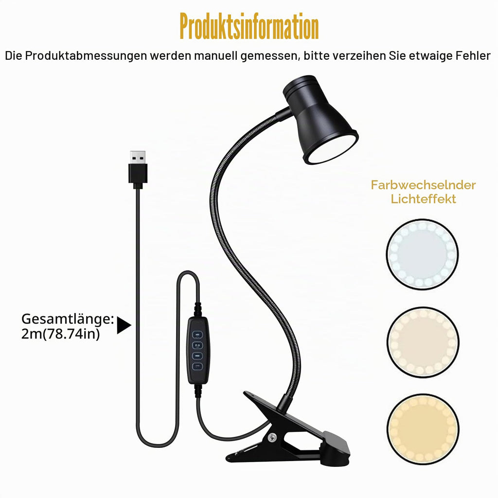 Zoombare LED Leselampe Klemmleuchte: Dimmbare Klemmlampe Bett, USB Schwanenhals Lampe mit 3 Farbtemperaturmodi, LED Klemmleuchte Nachttisch, für Schlafzimmer und Nachttisch, Schwarz