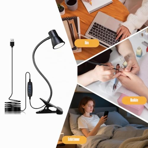 Zoombare LED Leselampe Klemmleuchte: Dimmbare Klemmlampe Bett, USB Schwanenhals Lampe mit 3 Farbtemperaturmodi, LED Klemmleuchte Nachttisch, für Schlafzimmer und Nachttisch, Schwarz