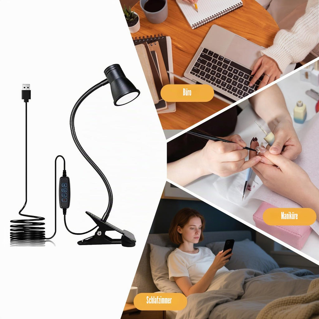 Zoombare LED Leselampe Klemmleuchte: Dimmbare Klemmlampe Bett, USB Schwanenhals Lampe mit 3 Farbtemperaturmodi, LED Klemmleuchte Nachttisch, für Schlafzimmer und Nachttisch, Schwarz