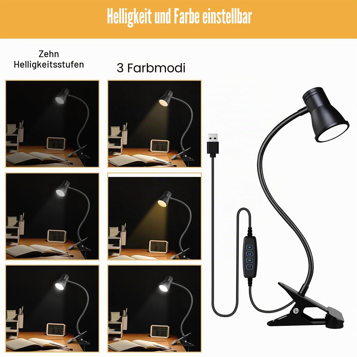 Zoombare LED Leselampe Klemmleuchte: Dimmbare Klemmlampe Bett, USB Schwanenhals Lampe mit 3 Farbtemperaturmodi, LED Klemmleuchte Nachttisch, für Schlafzimmer und Nachttisch, Schwarz