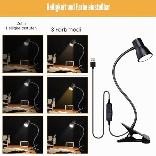 Zoombare LED Leselampe Klemmleuchte: Dimmbare Klemmlampe Bett, USB Schwanenhals Lampe mit 3 Farbtemperaturmodi, LED Klemmleuchte Nachttisch, für Schlafzimmer und Nachttisch, Schwarz