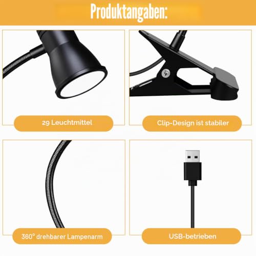 Zoombare LED Leselampe Klemmleuchte: Dimmbare Klemmlampe Bett, USB Schwanenhals Lampe mit 3 Farbtemperaturmodi, LED Klemmleuchte Nachttisch, für Schlafzimmer und Nachttisch, Schwarz