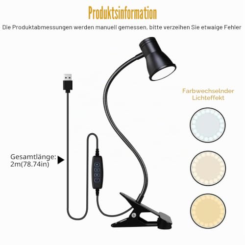 Zoombare LED Leselampe Klemmleuchte: Dimmbare Klemmlampe Bett, USB Schwanenhals Lampe mit 3 Farbtemperaturmodi, LED Klemmleuchte Nachttisch, für Schlafzimmer und Nachttisch, Schwarz