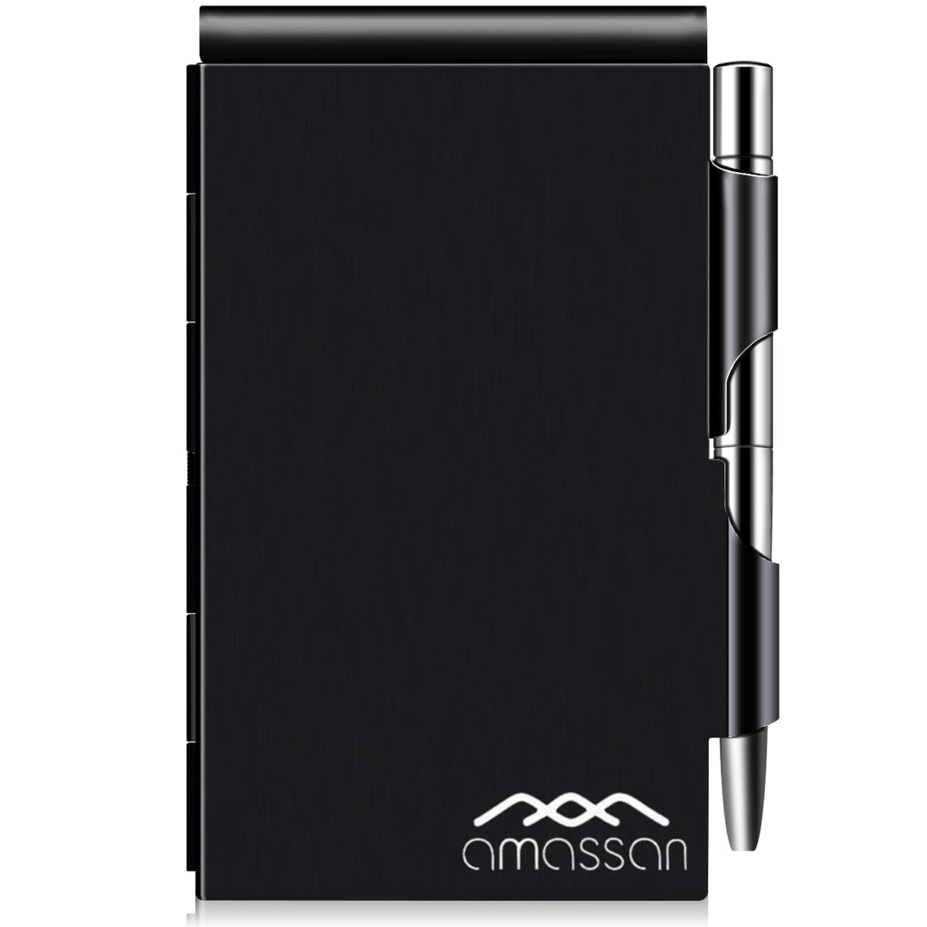 amassan Kleines Notizbuch aus Metall, Mini-Notizblock, kleiner Taschen-Notizblock aus Aluminium mit Mini-Metallstift und 60-Seiten-Blättern - Notizbücher Notizblöcke (Black)