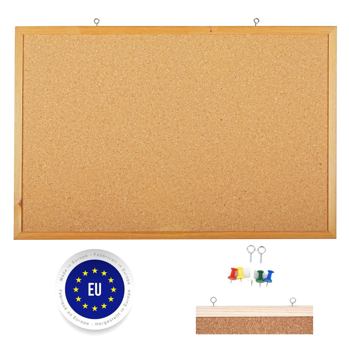 Raylu Paper® - Natürliche Korkplatte mit Rahmen aus Kiefernholz, Pinnwand mit Markierungen und Montageset. (40 x 30 cm)